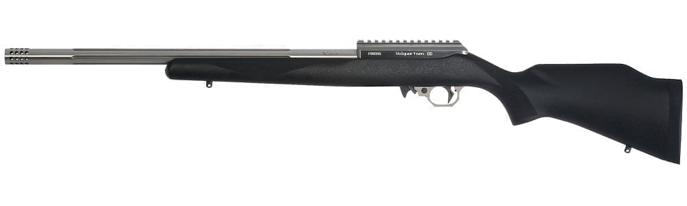 A black deluxe rifle firearm pointing to the left