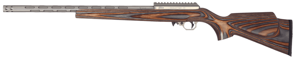 A HMR rifle with brown gray sporter stock