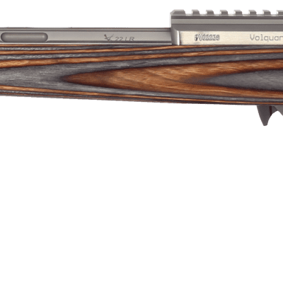 A HMR rifle with brown gray sporter stock