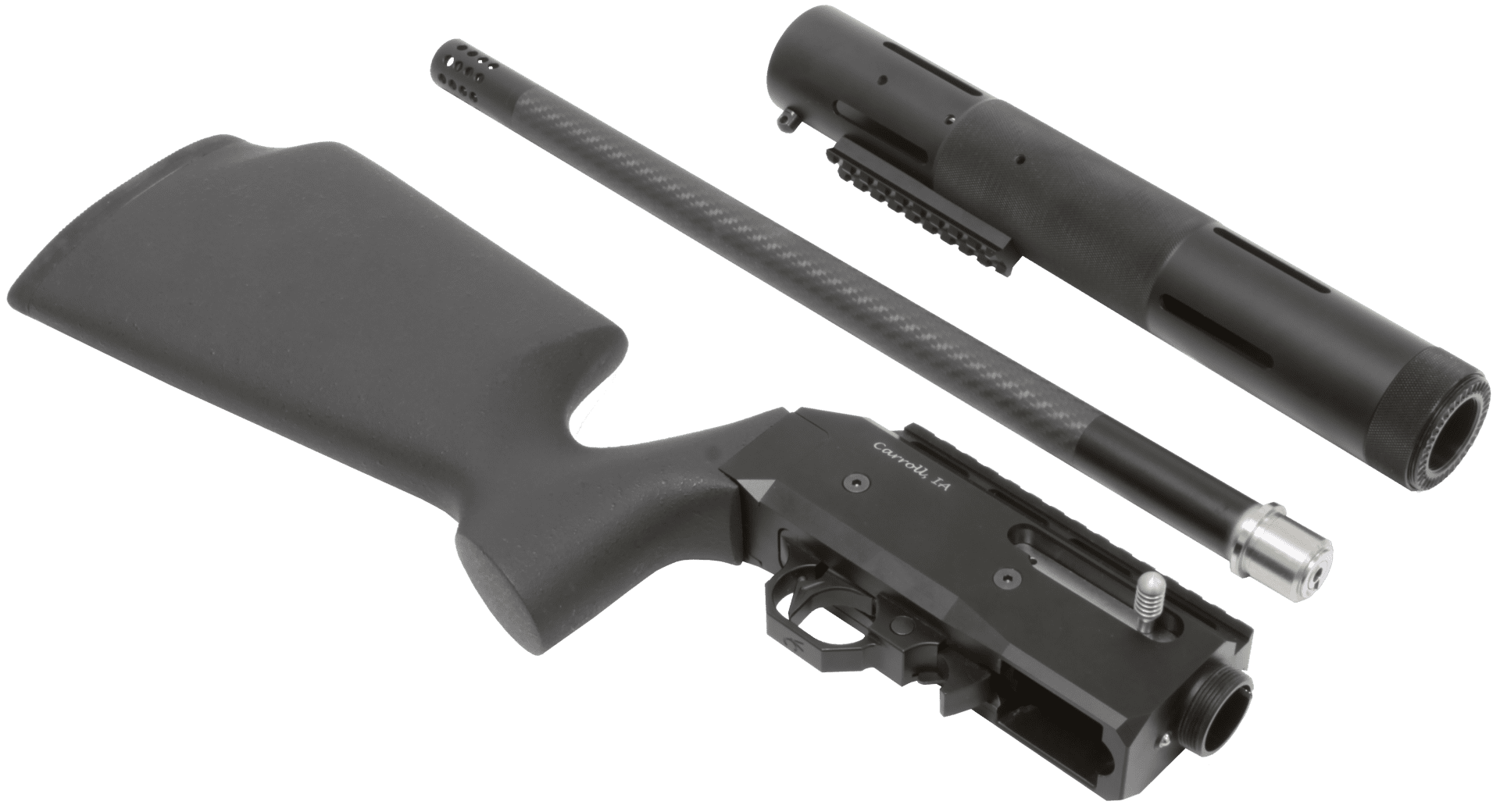 Parts of a black fusion take down rifle