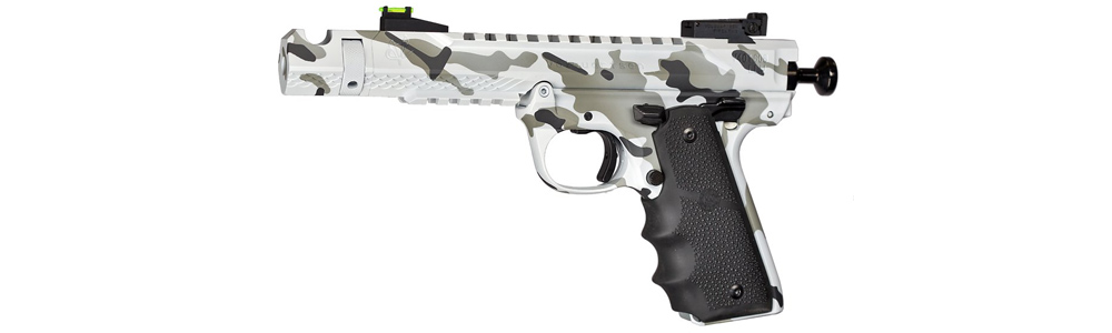 white and black camouflage pistol